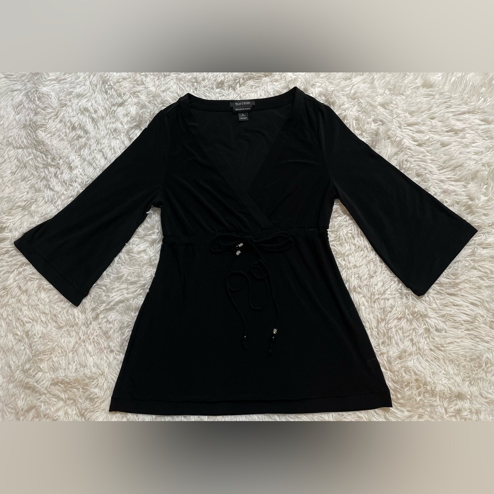 White House Black Market Signature Knit 3/4 Sleeve Black Blouse Tunic Babydoll L - Picture 1 of 9